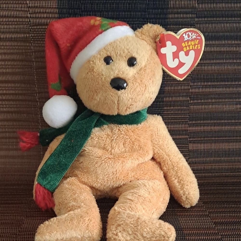 Ty Beanie Babies Holiday Bear - Tan with Red and Green Accents